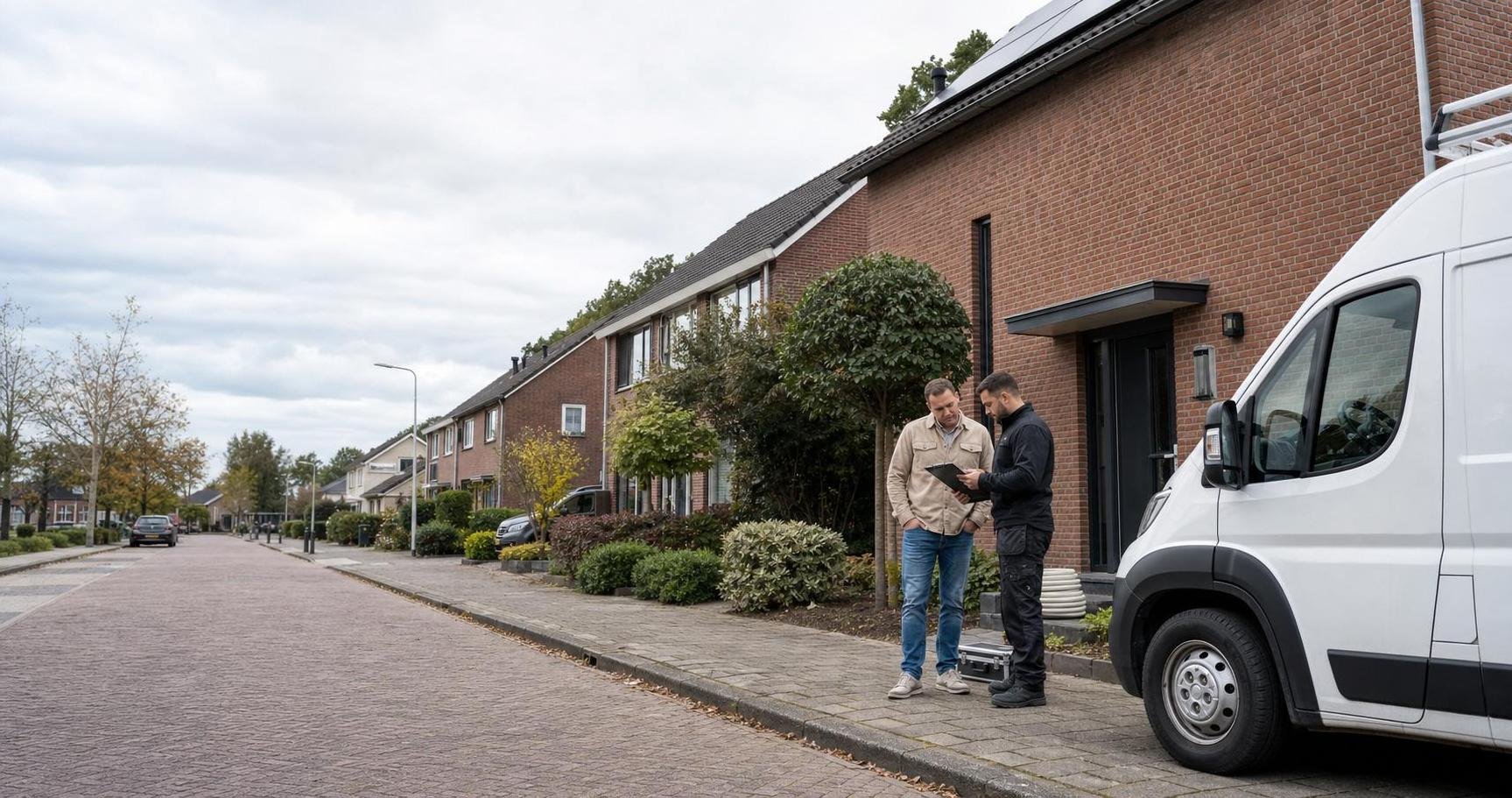 Heating technician and homeowner beside a service van on a residential street in Hoogeveen