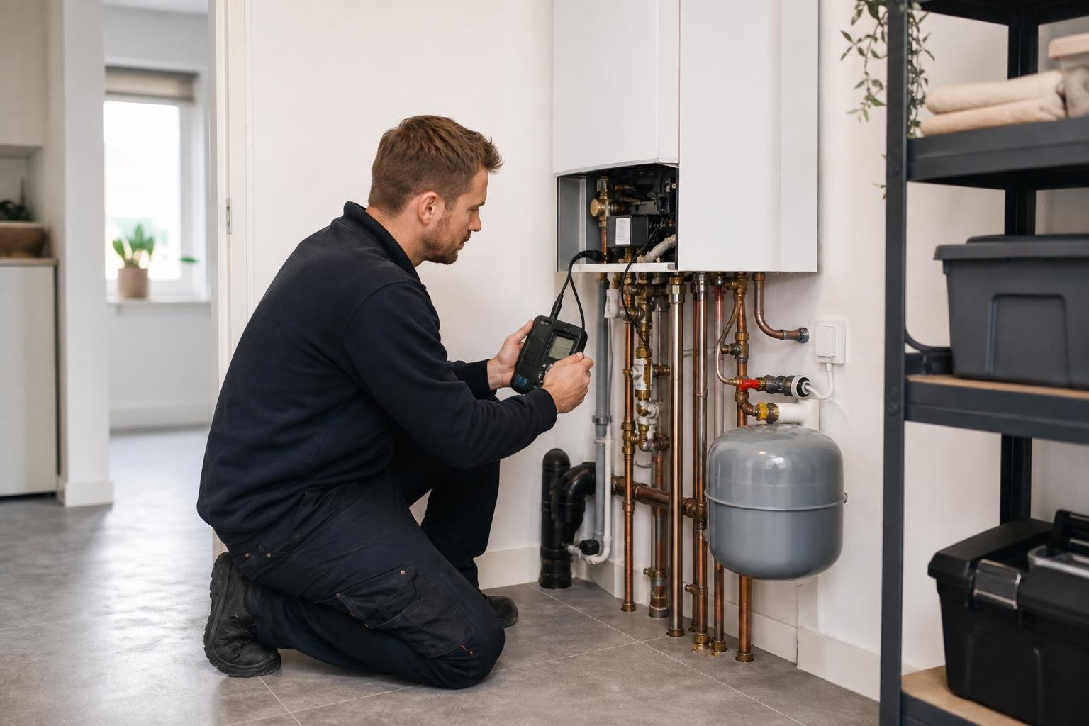 Heating engineer servicing a wall-mounted boiler in a tidy home utility room