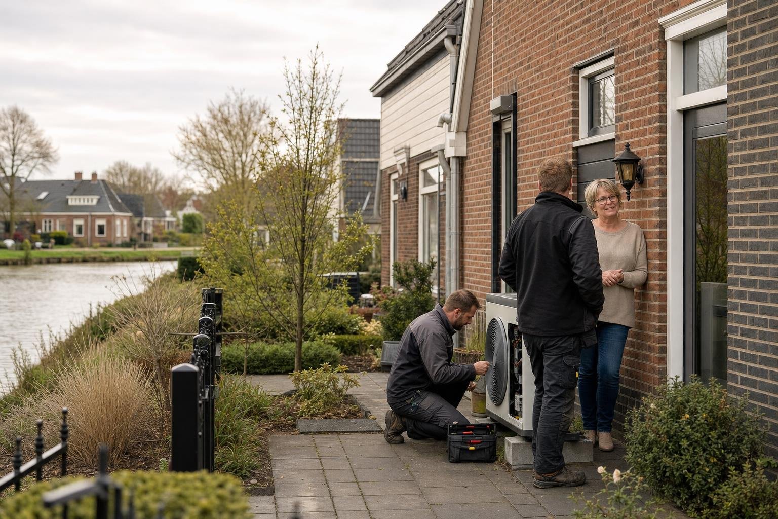 Technicians checking an outdoor heat pump at a canal-side home in Noordscheschut