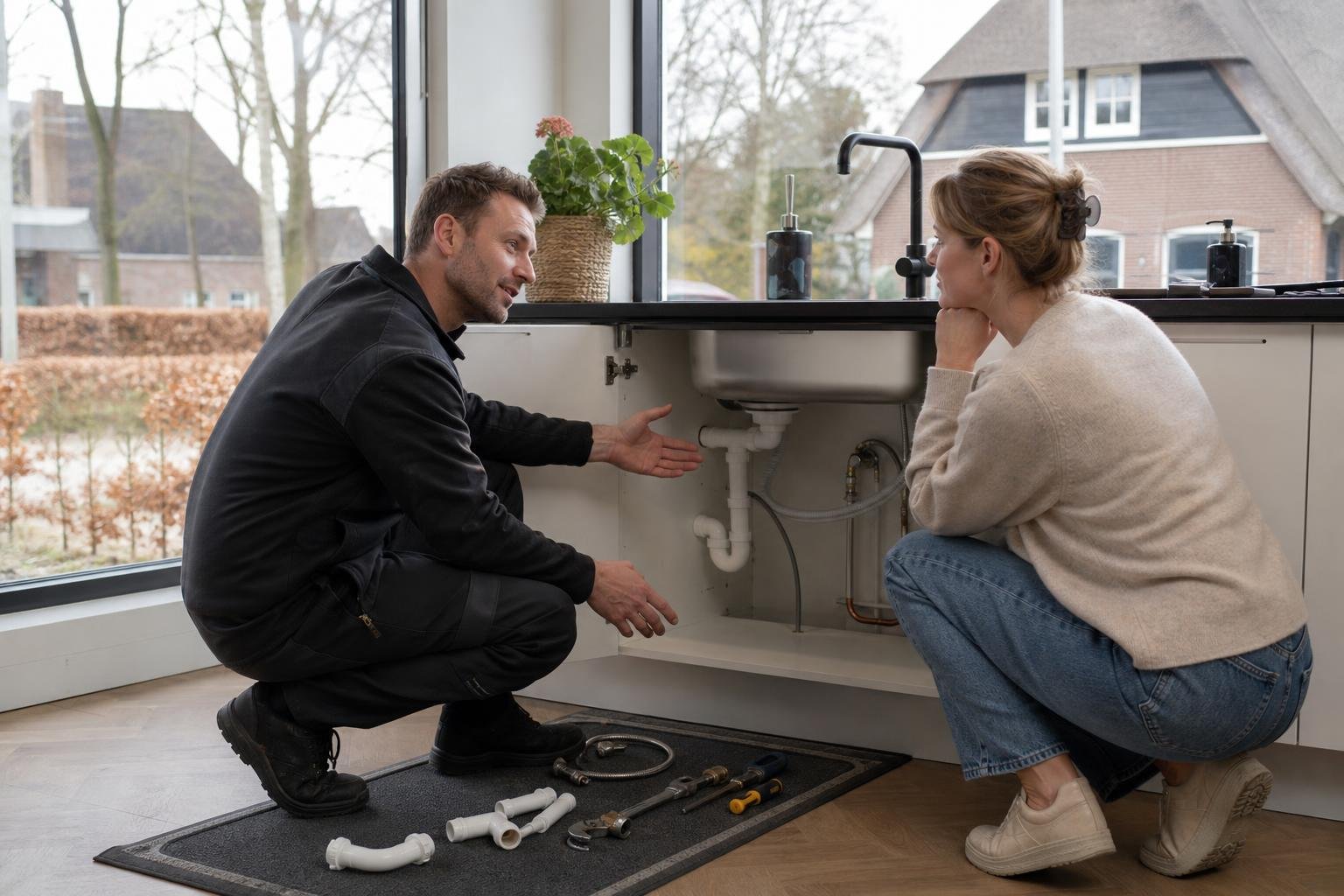 Plumber discussing a kitchen sink and pipe upgrade with a homeowner in Nieuweroord