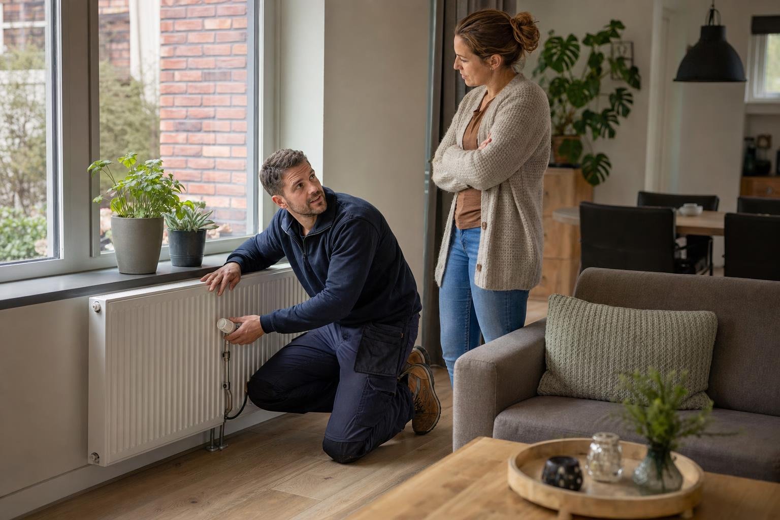 Heating technician inspecting a radiator and thermostat in a home in Tiendeveen